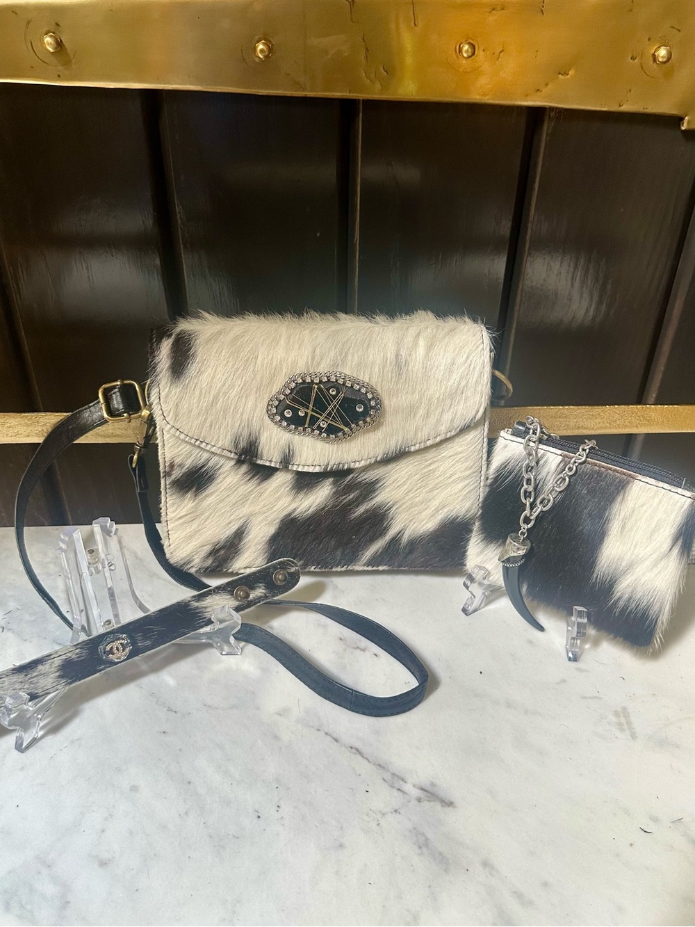 Genuine Cowhide Leather Crossbody Bag Tote Wristlet CC Cuff Bracelet Western Set